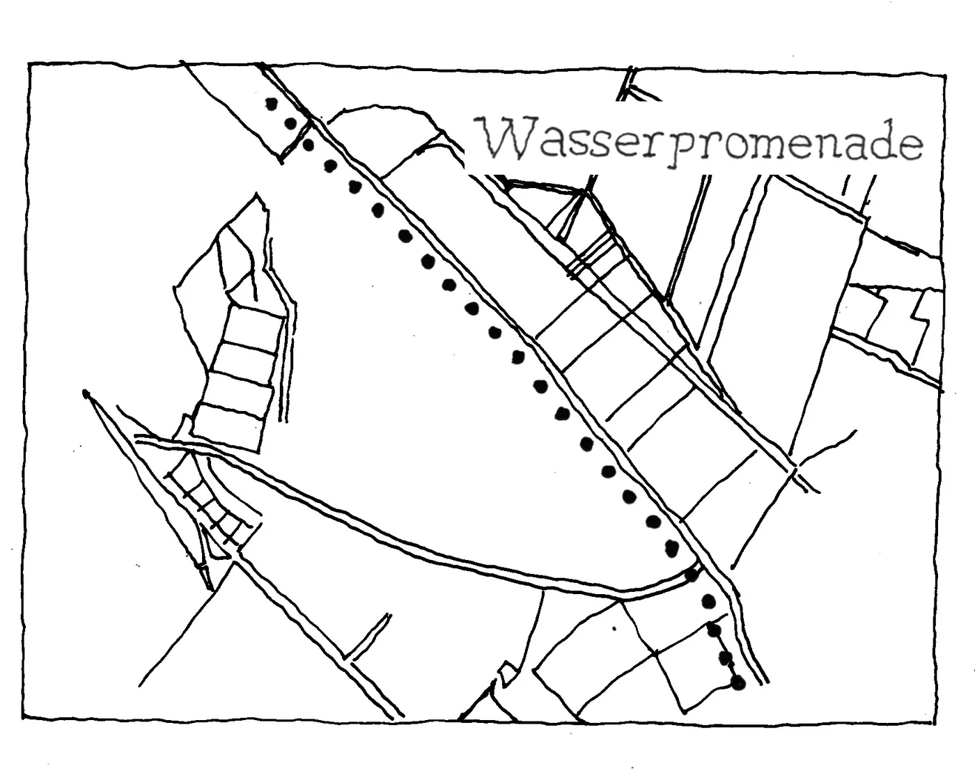 Handskizze eines Quartiersplans mit dem Schriftzug „Wasserpromenade“: ein gepunkteter Weg entlang der Nuthe zwischen Wohnzeilen